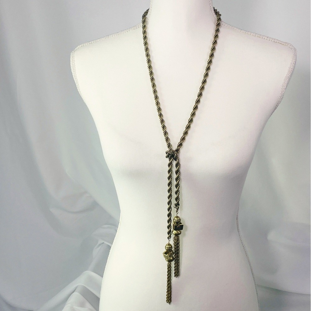 Chicos Twisted Rope Lariat Tassel Necklace Long Antique Gold Tone Opera Length - Picture 5 of 16